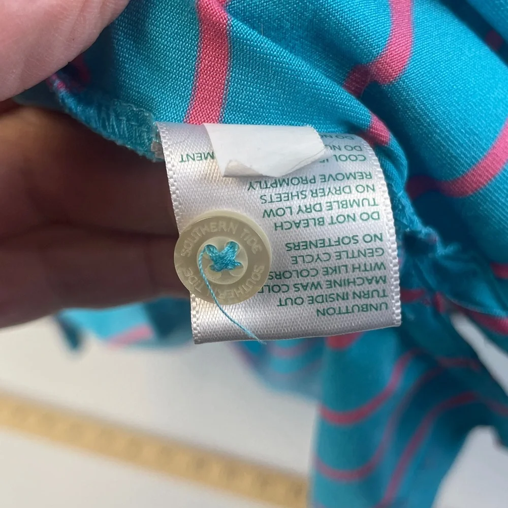 Southern Tide Aqua and Coral Striped Polo - Picture 4 of 7